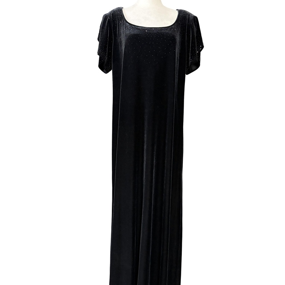 JR Nites Dress Womens 14W Black Velvet Beaded Evening Maxi Short Sleeve‎ Formal